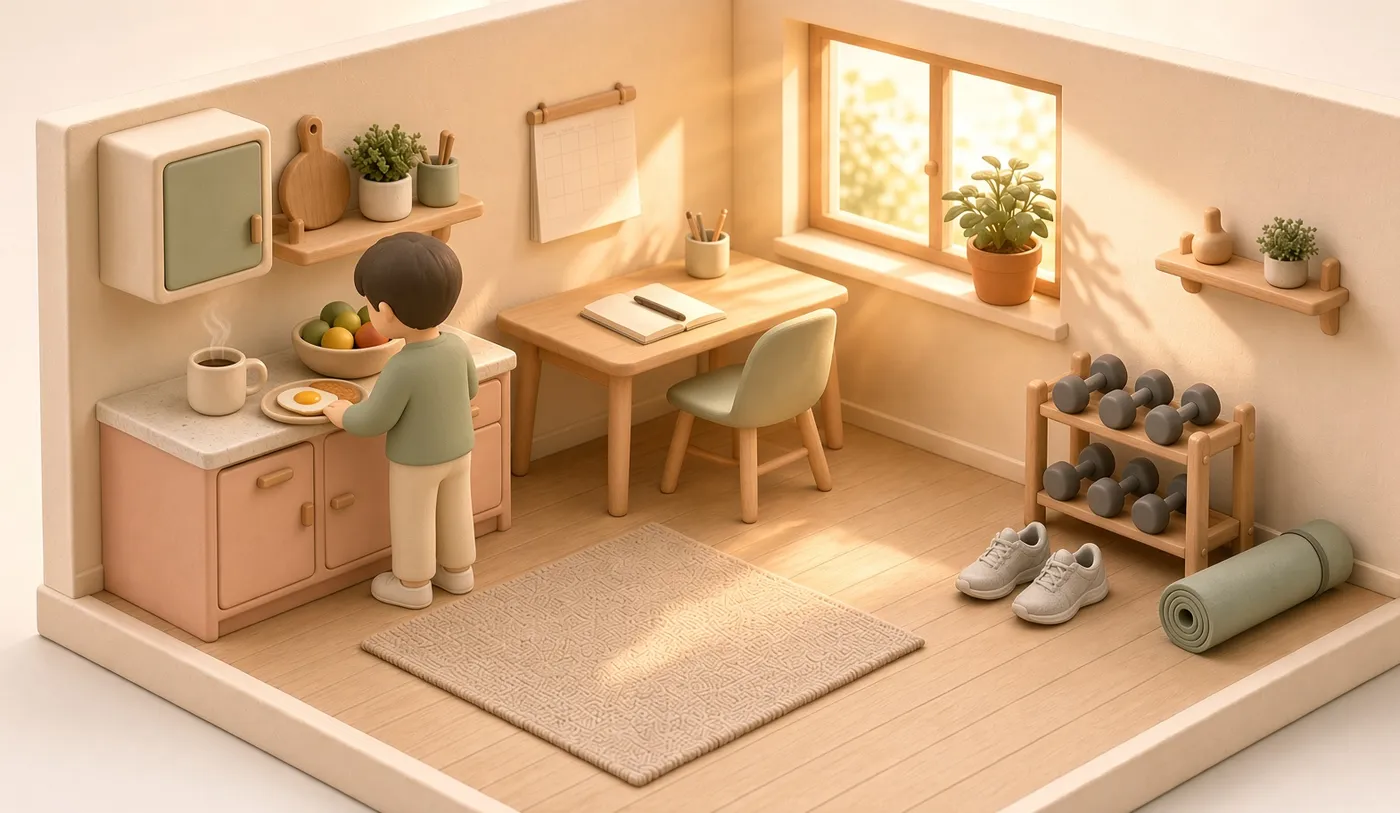 A small clay room at breakfast: coffee and eggs on the counter, desk under a window, a dumbbell rack
